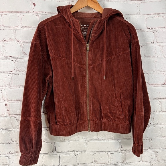 American Eagle Rust Bomber Jacket size medium corduroy burgundy hoodie cropped - Picture 1 of 14